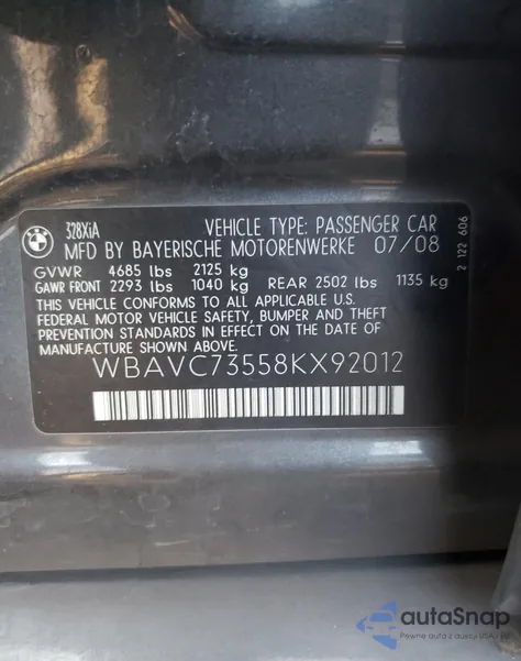 2008 BMW 328 Xi Sulev from USA, damaged, VIN WBAVC73558KX92012